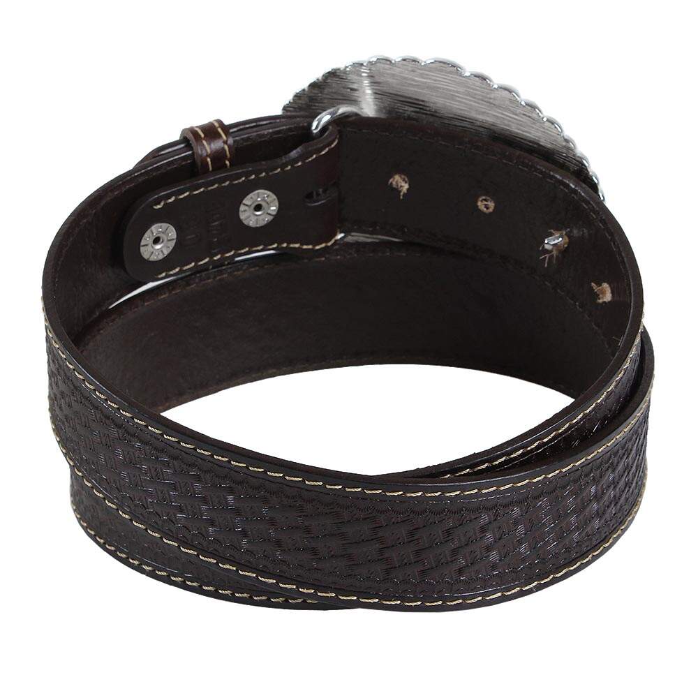 Cinto Cowboy - Couro Marrom Entalhado Fivela Laço Strass