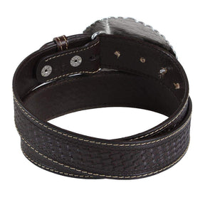 Cinto Cowboy - Couro Marrom Entalhado Fivela Laço Strass