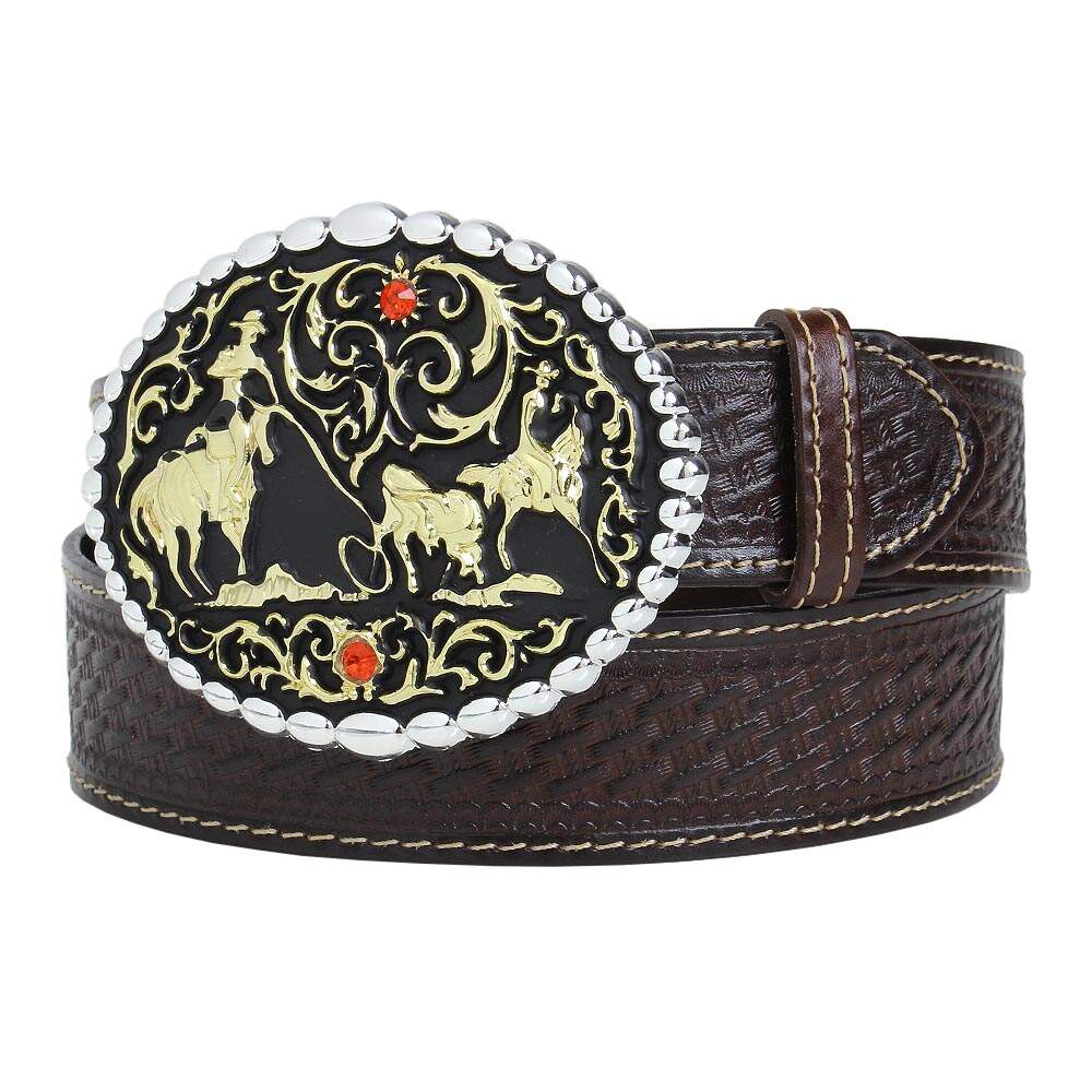 Cinto Cowboy - Couro Marrom Entalhado Fivela Laço Strass