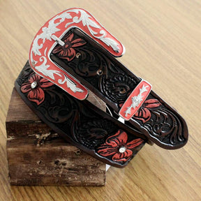 Cinto Feminino Country - Couro Bordado, Strass e Fivela Removível