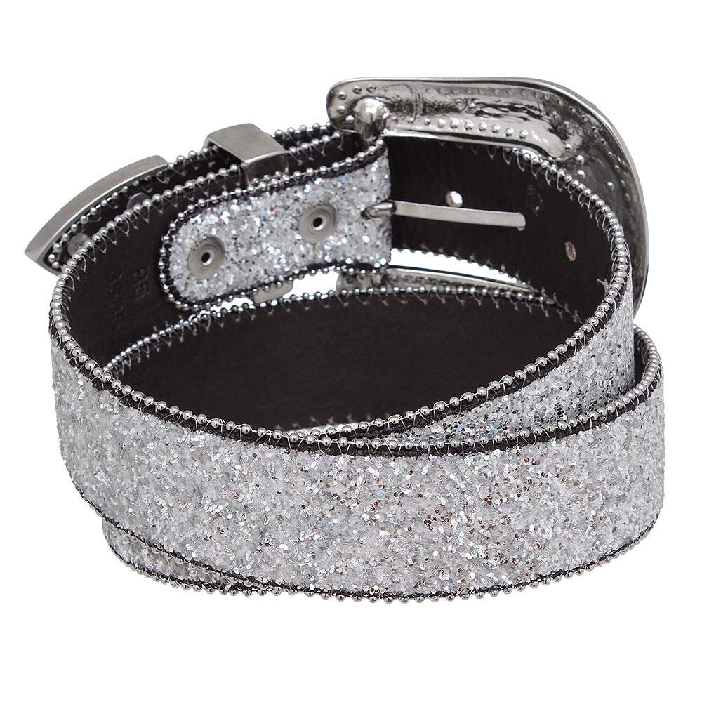 Cinto Feminino de Couro - Prata com Glitter Brilhante Pyramid Country Luxo