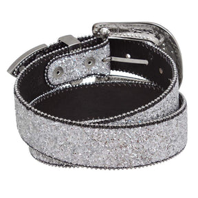 Cinto Feminino de Couro - Prata com Glitter Brilhante Pyramid Country Luxo
