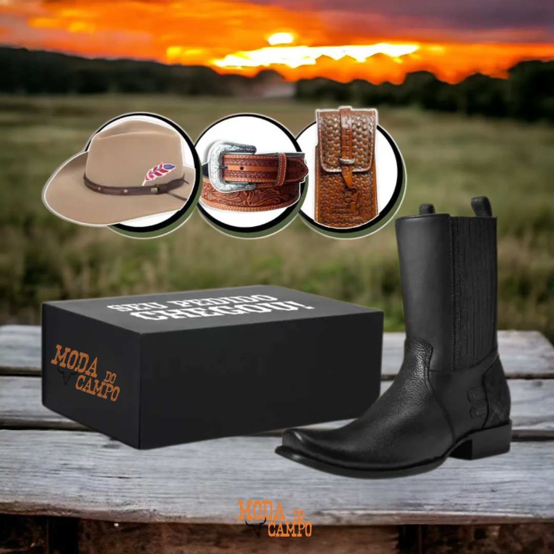 (Pós Black) Kit Bota Frontier Zb em Couro Legítimo + Brindes: Chapéu, Cinto e Carteira