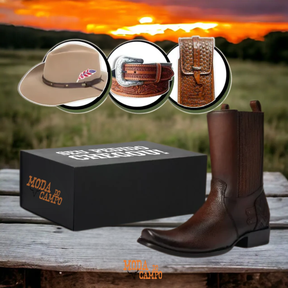 (Pós Black) Kit Bota Frontier Zb em Couro Legítimo + Brindes: Chapéu, Cinto e Carteira